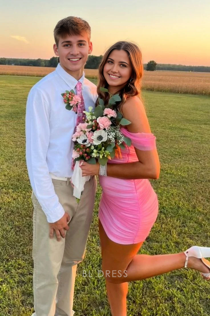 Etuikleid, schulterfrei, rosa, kurzes Heimkehrkleid, Abendkleider, Brautjungfernkleider, Abendkleid, Ballkleid