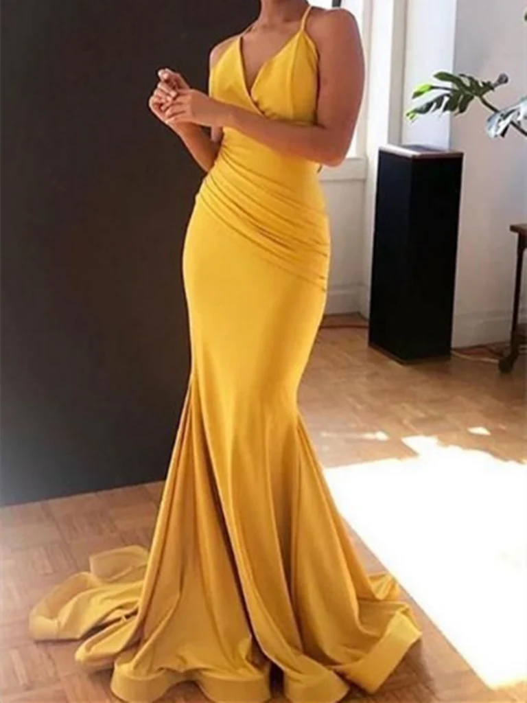 Mermaid V Neck Satin Long Prom Dresses Long Formal Evening Dresses