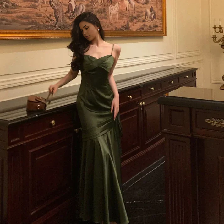 Mermaid Spaghetti Straps Green Satin Long formal dresses Bridesmaid Dresses evening gown Prom Dress