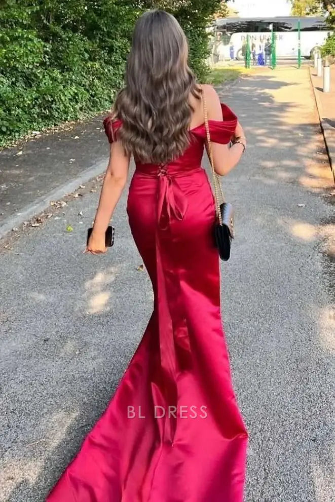Mermaid Off The Shoulder Red Satin formal dresses Bridesmaid Dresses evening gown Prom Dress