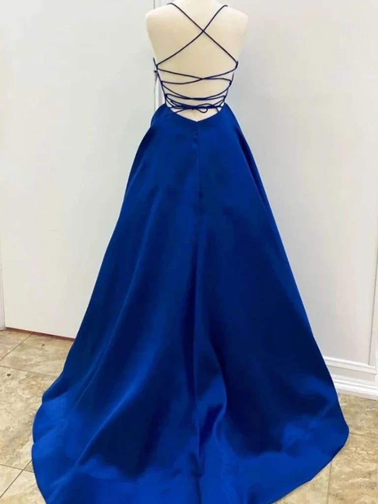 A Line V Neck Backless Prom Dresses Graduation Formal Evening Dresses