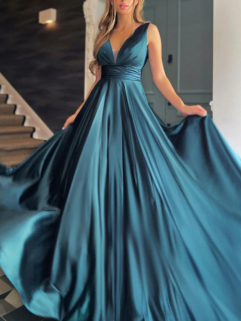 Simple V Neck Satin Long Prom Dresses