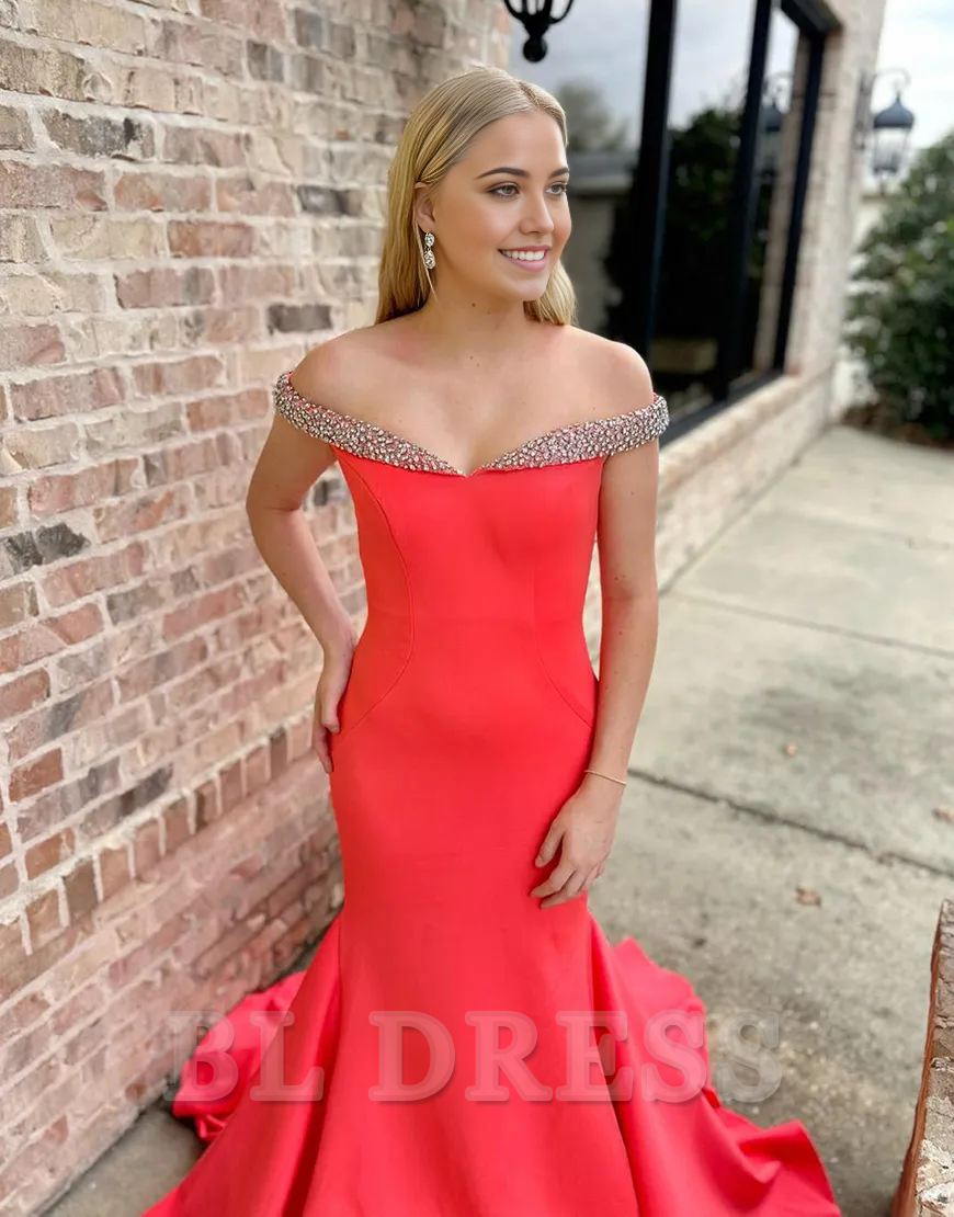 Mermaid Sparkly Beaded Off the Shoulder Red Long formal dresses Bridesmaid Dresses evening gown Prom Dress
