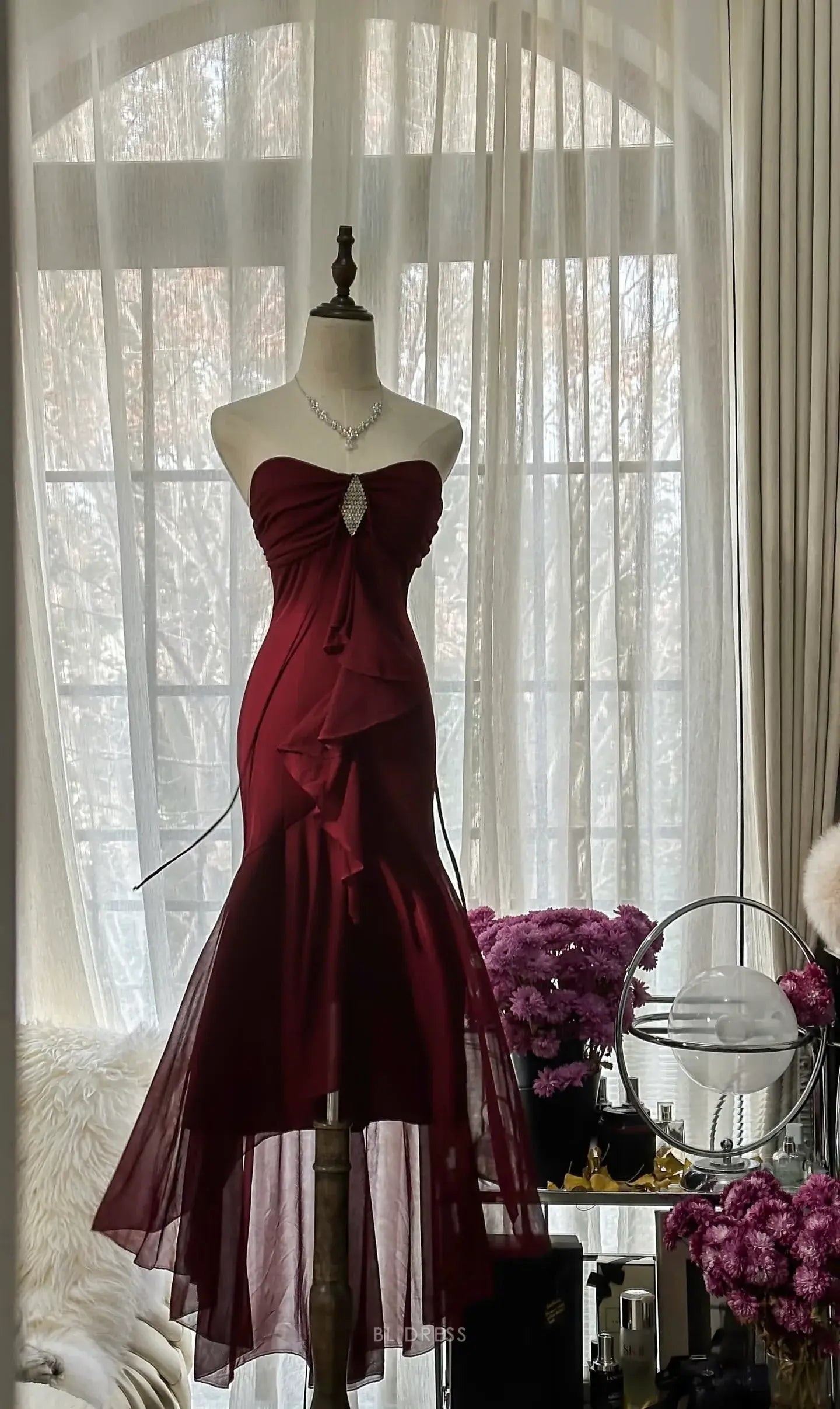 Mermaid Chiffon Burgundy formal dresses Bridesmaid Dresses evening gown Prom Dress