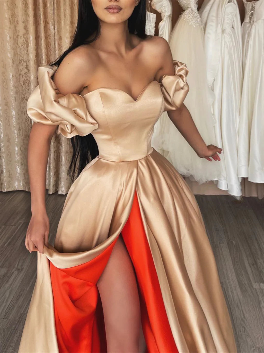 A-Line Off The Shoulder Floor Length Prom Dresses