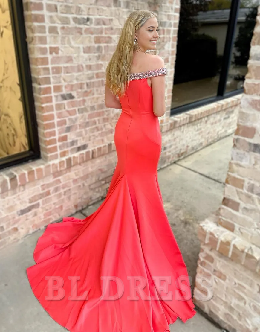 Mermaid Sparkly Beaded Off the Shoulder Red Long formal dresses Bridesmaid Dresses evening gown Prom Dress