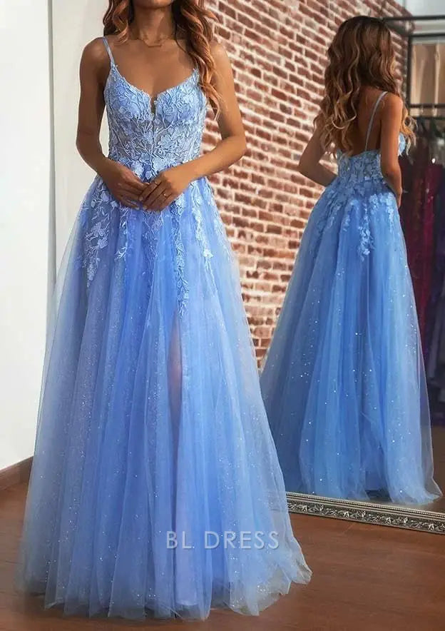 A line V-Neck Spaghetti Straps Blue formal dresses Bridesmaid Dresses evening gown Prom Dress