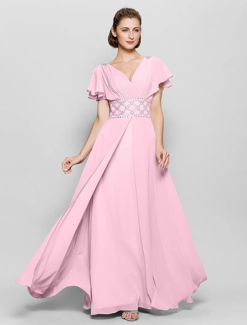 A-Line Mother of the Bride Dress Beautiful Back V Neck Floor Length Chiffon Short Sleeve No with Criss Cross Beading