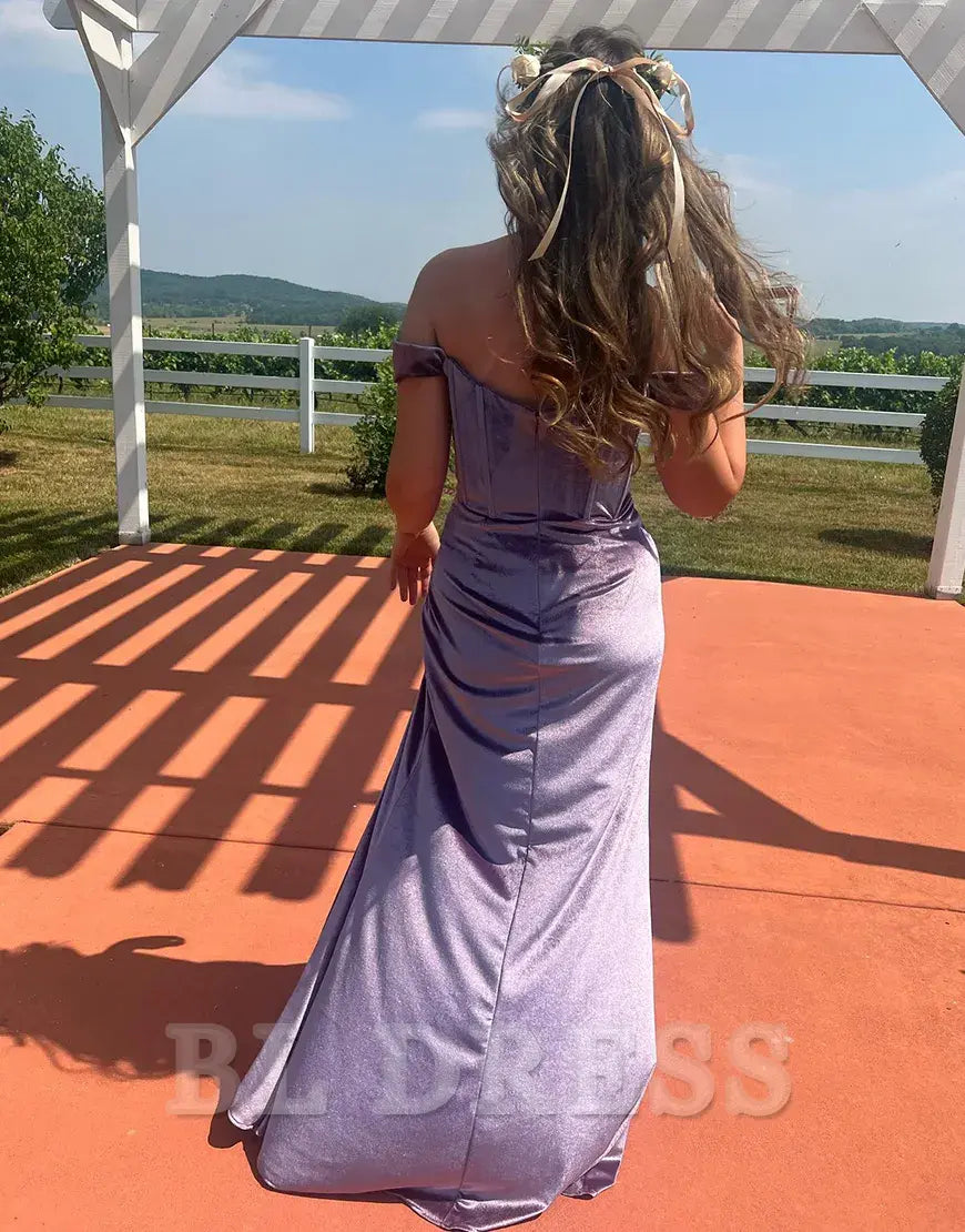 Mermaid Off the Shoulder Velvet Ruched Corset Purple Long formal dresses evening gown Prom Dress with Slit