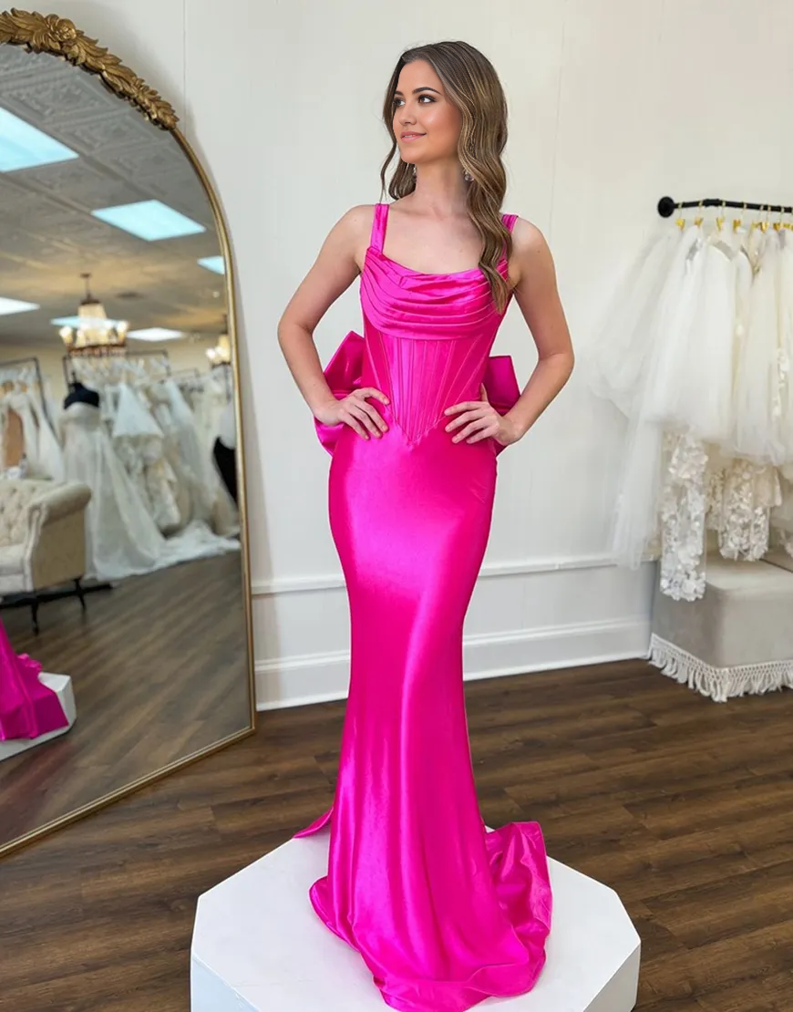 Mermaid Spaghetti Straps Corset Satin Fuchsia Long formal dresses evening gown Prom Dress
