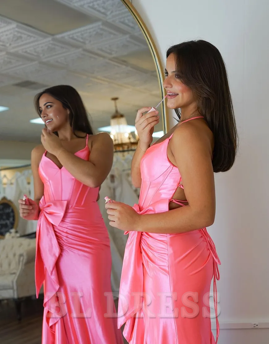 Mermaid Spaghetti Straps Corset Satin Bow Hot Pink Long formal dresses evening gown Prom Dress with Slit