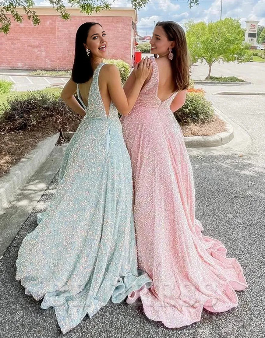 plus size A-Line Sparkly V Neck Sequins Pink Long formal dresses Bridesmaid Dresses evening gown Prom Dress