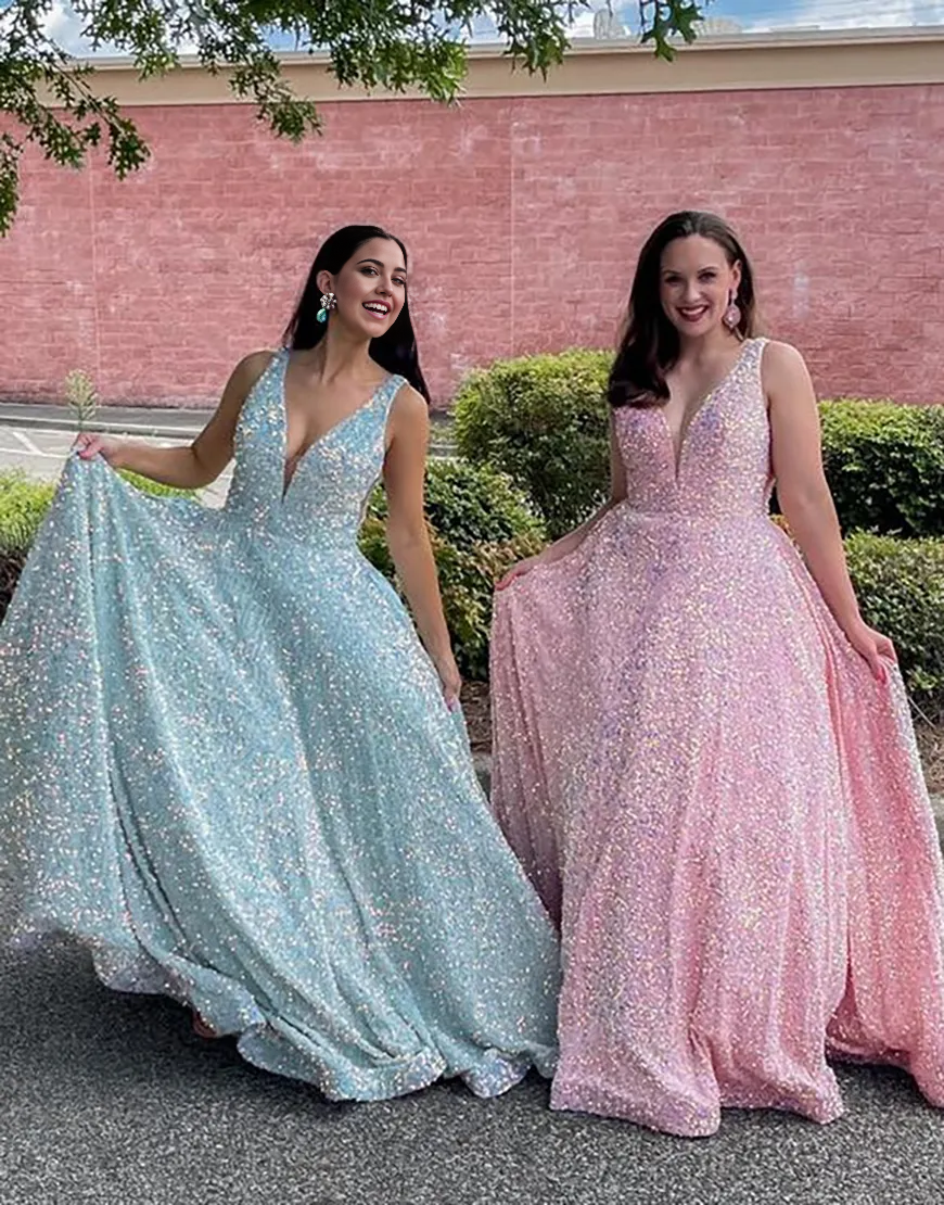 plus size A-Line Sparkly V Neck Sequins Pink Long formal dresses Bridesmaid Dresses evening gown Prom Dress