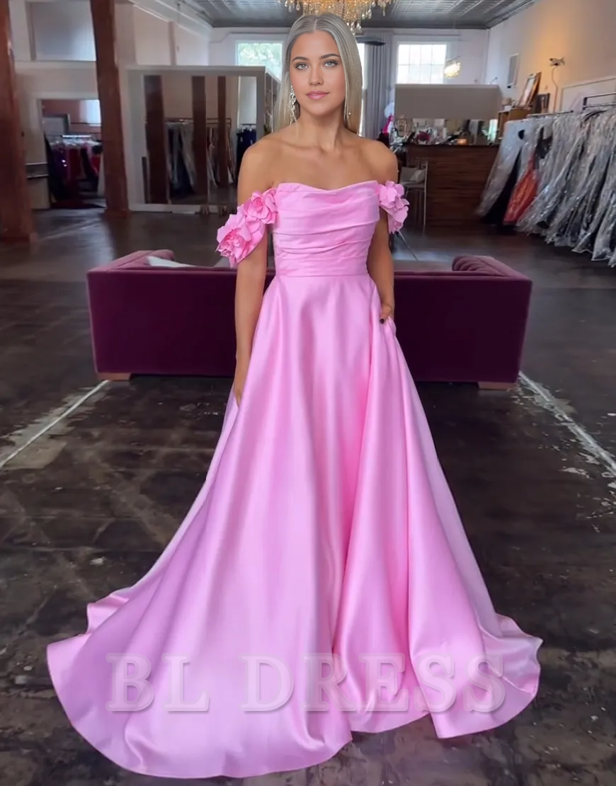A-Line Elegant Off The Shoulder Corset Blush Long formal dresses Bridesmaid Dresses evening gown Prom Dress with Flower