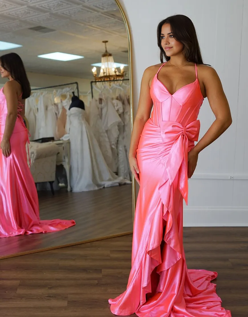 Mermaid Spaghetti Straps Corset Satin Bow Hot Pink Long formal dresses evening gown Prom Dress with Slit