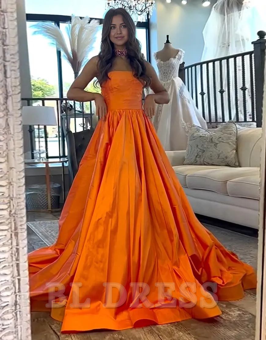 A-Line Strapless Satin Long Orange formal dresses evening gown Prom Dress