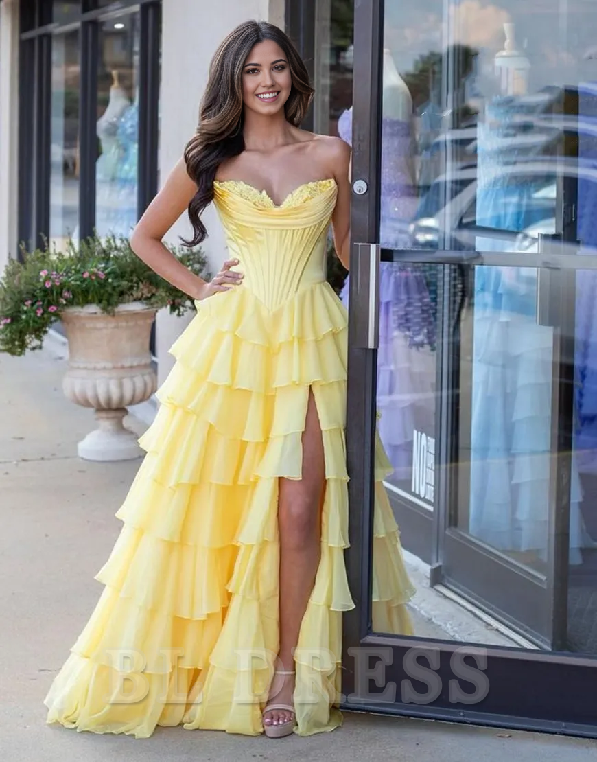 A-Line Strapless Corset Tiered Long formal dresses evening gown Prom Dress with Slit