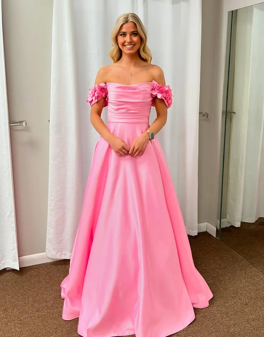 A-Line Elegant Off The Shoulder Corset Blush Long formal dresses Bridesmaid Dresses evening gown Prom Dress with Flower
