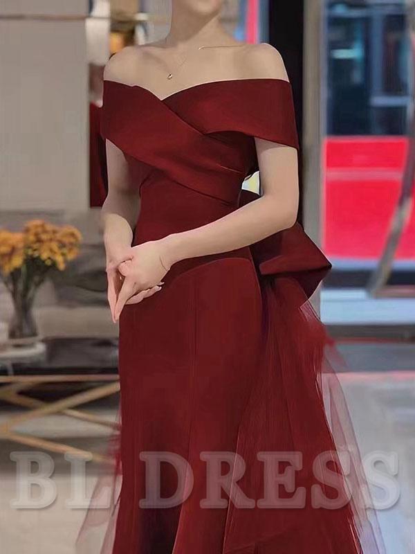 A-Line Bateau Neck Train Short Sleeves Lace-up Satin formal dresses Bridesmaid Dresses evening gown Prom Dress