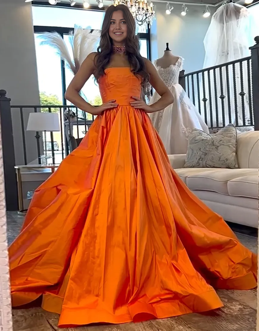 A-Line Strapless Satin Long Orange formal dresses evening gown Prom Dress