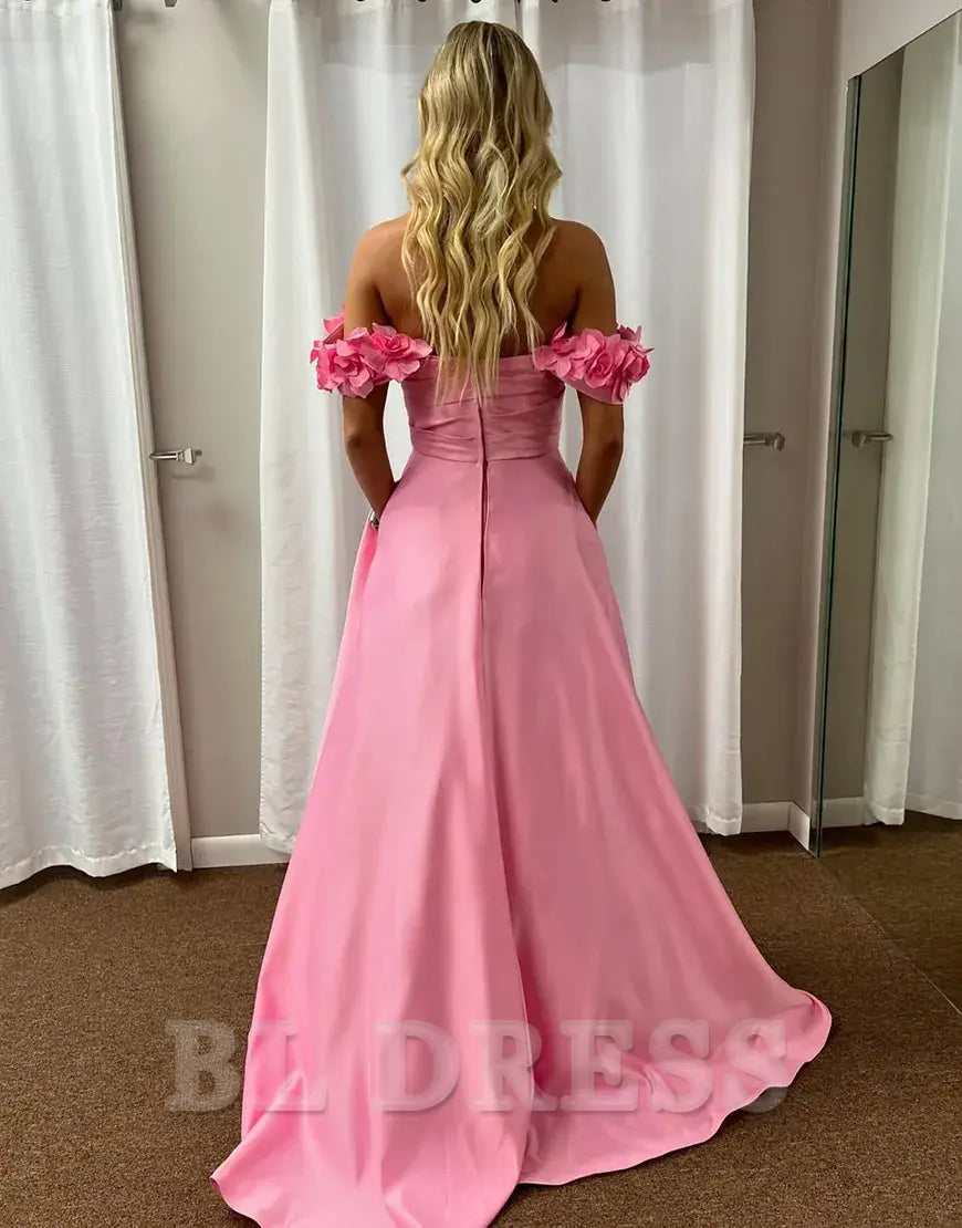 A-Line Elegant Off The Shoulder Corset Blush Long formal dresses Bridesmaid Dresses evening gown Prom Dress with Flower