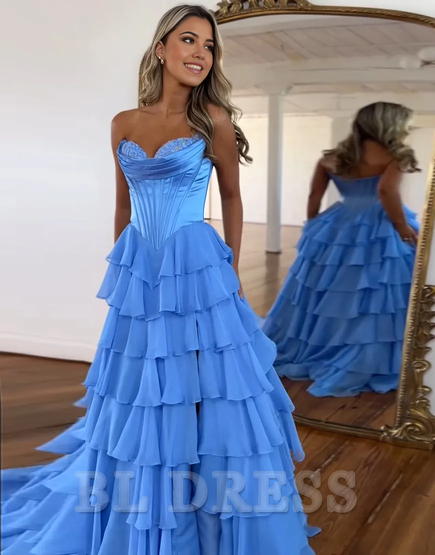 A-Line Strapless Corset Tiered Long formal dresses evening gown Prom Dress with Slit