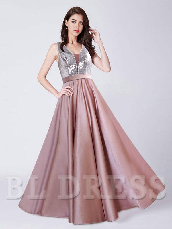 A Line V Neck Sleeveless Sequins Floor Length formal dresses Bridesmaid Dresses evening gown Prom Dress