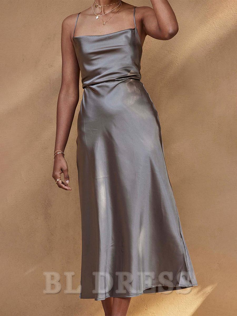 A-line Spaghetti Straps Square Neck Sleeveless Zipper Satin formal dresses Bridesmaid Dresses evening gown Prom Dress