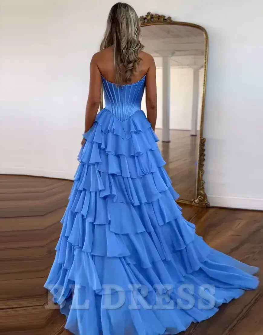 A-Line Strapless Corset Tiered Long formal dresses evening gown Prom Dress with Slit