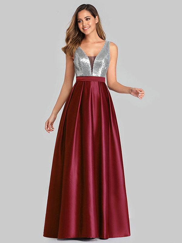 A Line V Neck Sleeveless Sequins Floor Length formal dresses Bridesmaid Dresses evening gown Prom Dress