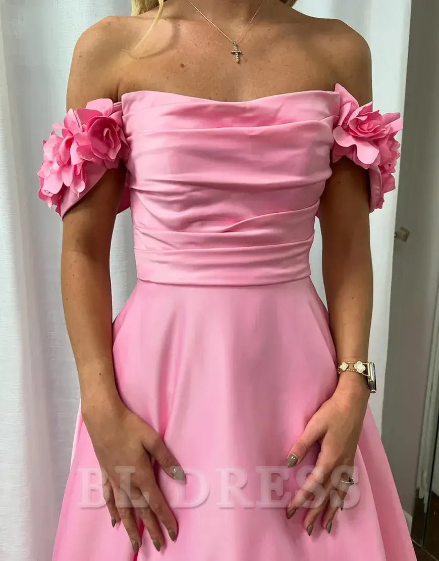 A-Line Elegant Off The Shoulder Corset Blush Long formal dresses Bridesmaid Dresses evening gown Prom Dress with Flower