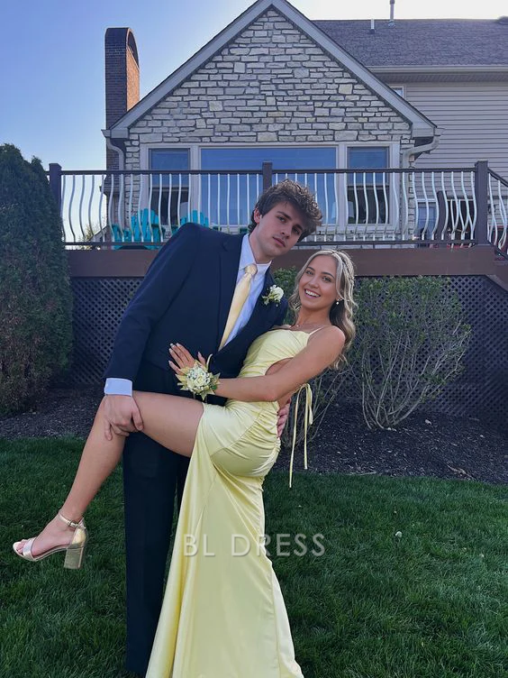 Sheath Spaghetti Straps Yellow formal dresses Bridesmaid Dresses evening gown Prom Dress With Split