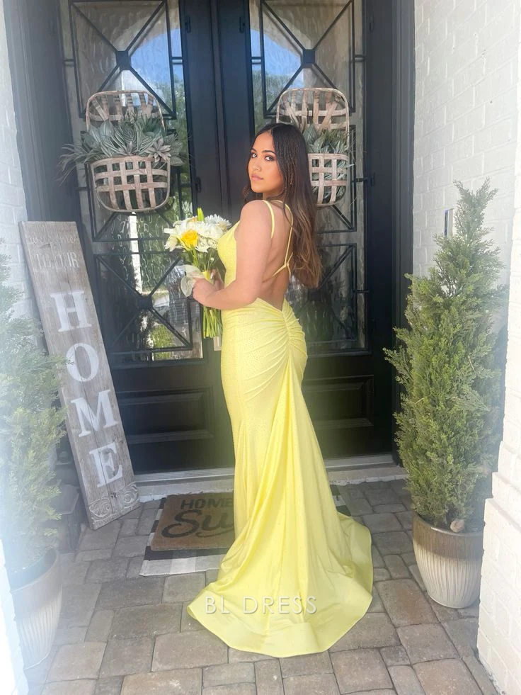 Mermaid Sparkly Spaghetti Straps Yellow Long formal dresses Bridesmaid Dresses evening gown Prom Dress