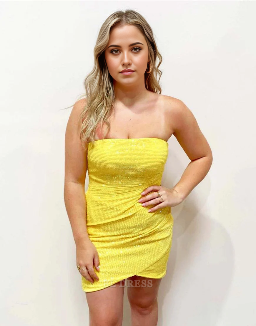 Etuikleid, schlicht, trägerlos, mit Reißverschluss hinten, gelb, Abendkleider, Brautjungfernkleider, Abendkleid, Ballkleid, Heimkehrkleid