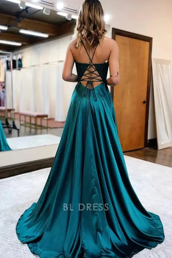 A-line V-neck Spaghetti Straps Satin formal dresses Bridesmaid Dresses evening gown Prom Dress With Slit