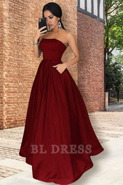 A line Simple Strapless Burgundy formal dresses Bridesmaid Dresses evening gown Prom Dress