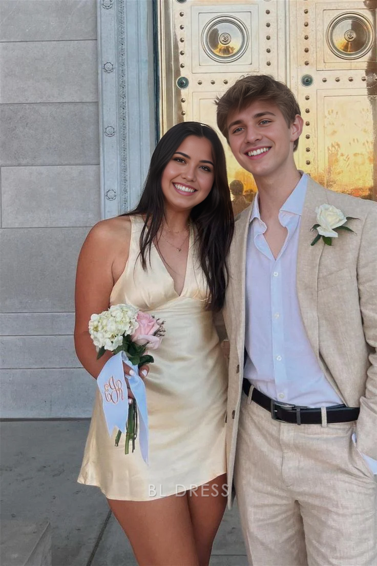 A-Linie V-Ausschnitt Gelbes Heimkehrkleid Kurze Abendkleider Brautjungfernkleider Abendkleid Ballkleid