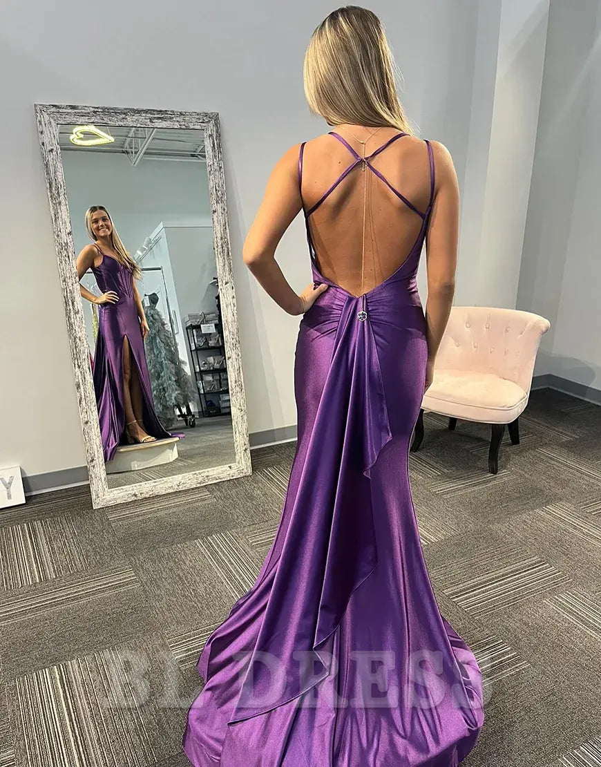 Mermaid Double Spaghetti Straps Corset Satin Purple Long formal dresses evening gown Prom Dress with Slit