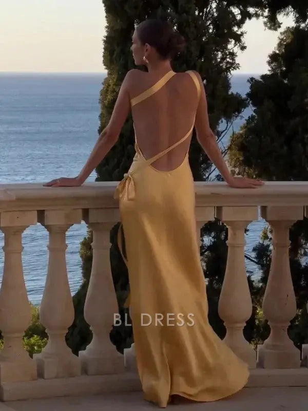 Mermaid Classy One-shoulder Yellow Satin formal dresses Bridesmaid Dresses evening gown Prom Dress