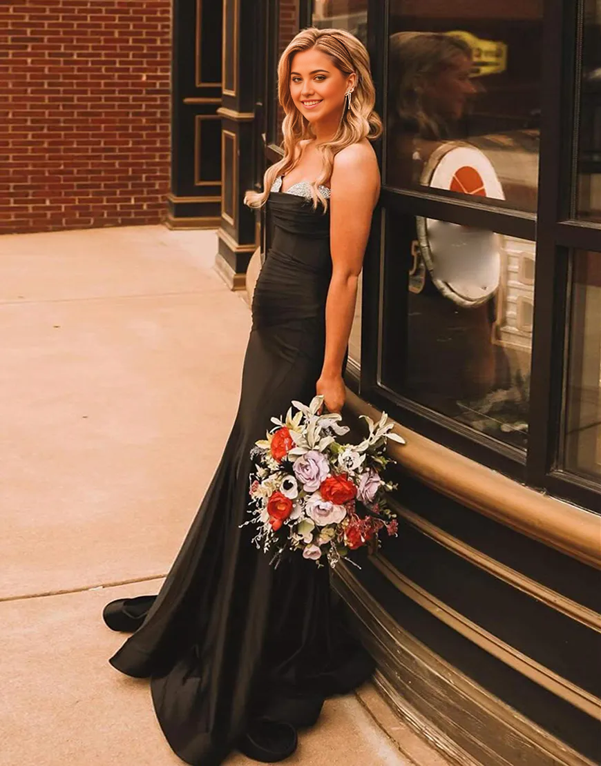 Mermaid Sparkly Beaded Strapless Satin Black Long formal dresses Bridesmaid Dresses evening gown Prom Dress