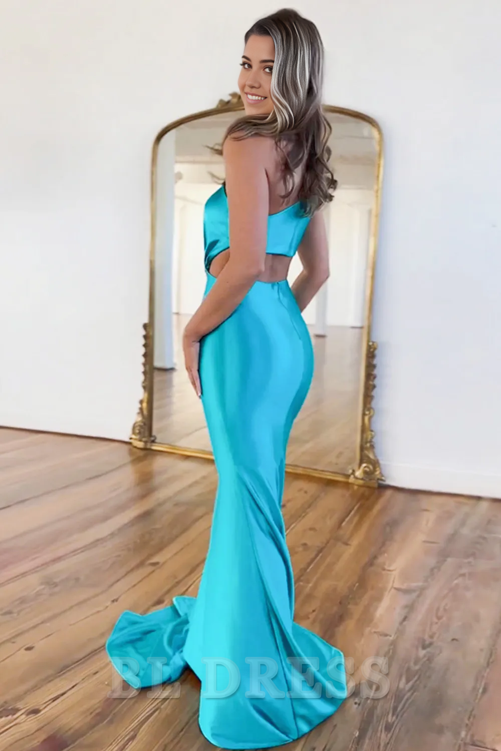 Mermaid One Shoulder Cutout Waist Long Satin formal dresses evening gown Prom Dress With Beading