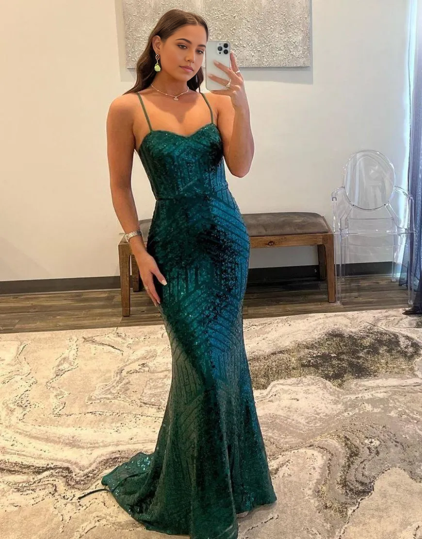 Mermaid Spaghetti Straps Long Sequin formal dresses evening gown Prom Dress