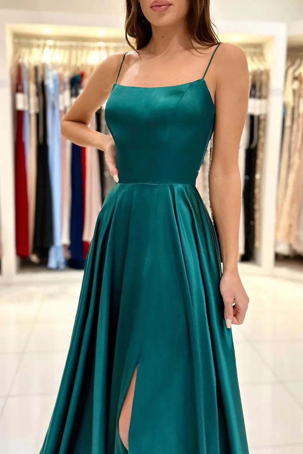 A Line Spaghetti Straps Backless Satin Prom Dress