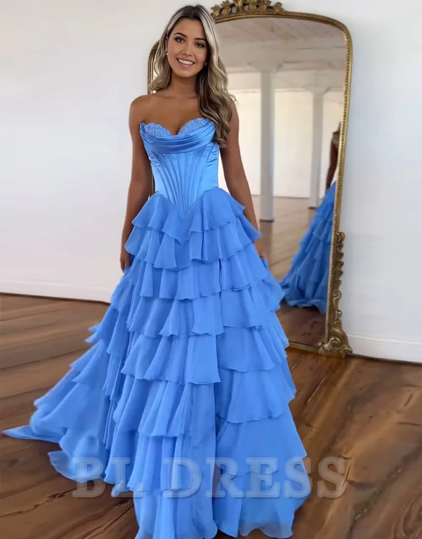 A-Line Strapless Corset Tiered Long formal dresses evening gown Prom Dress with Slit