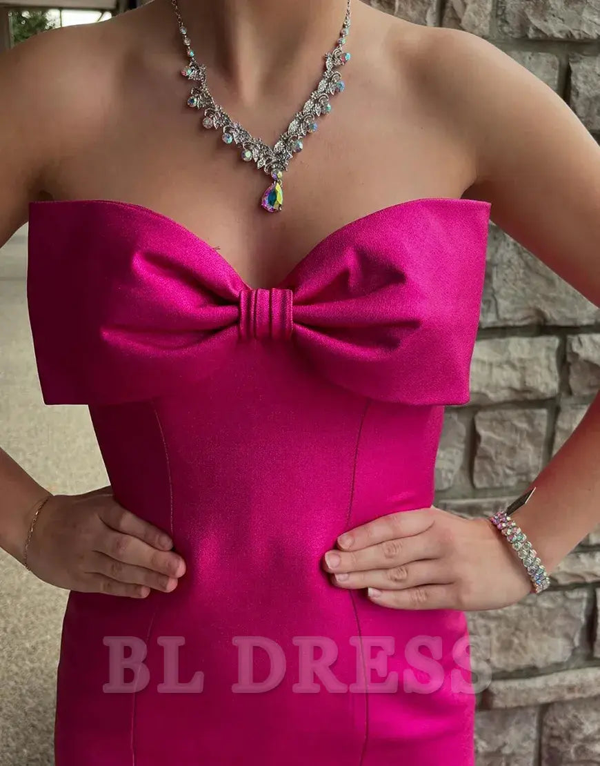 Mermaid Strapless Satin Long Fuchsia formal dresses evening gown Prom Dress with Bow