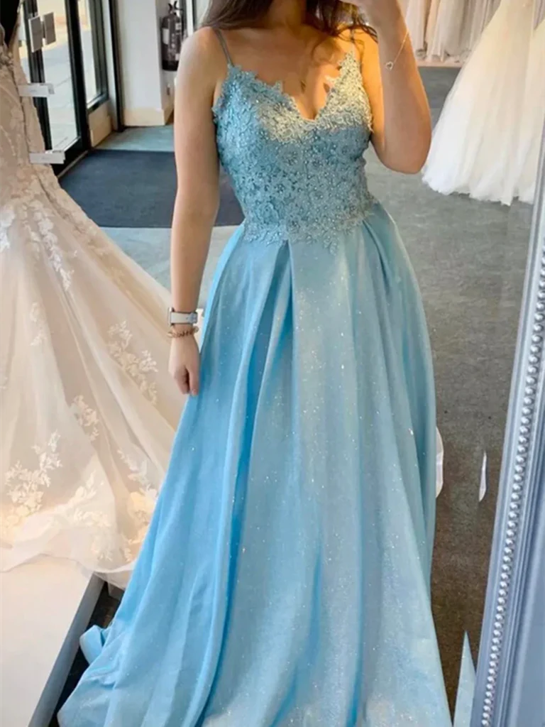 A Line V Neck Lace Long Prom Dresses