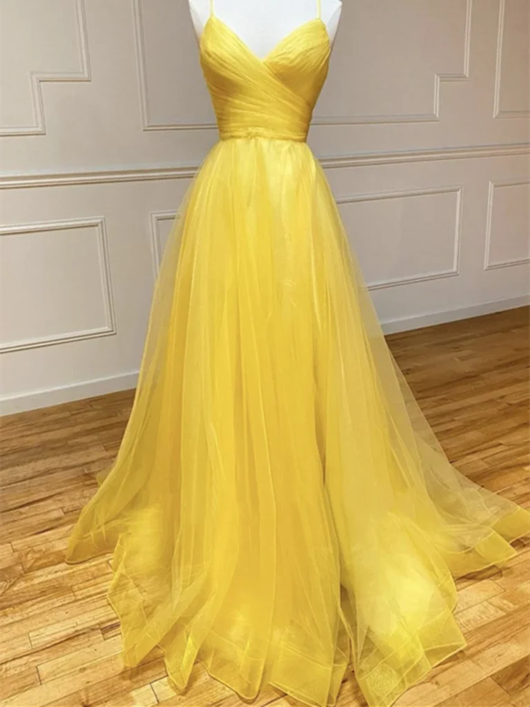 A Line V Neck Backless Tulle Long Prom Dresses