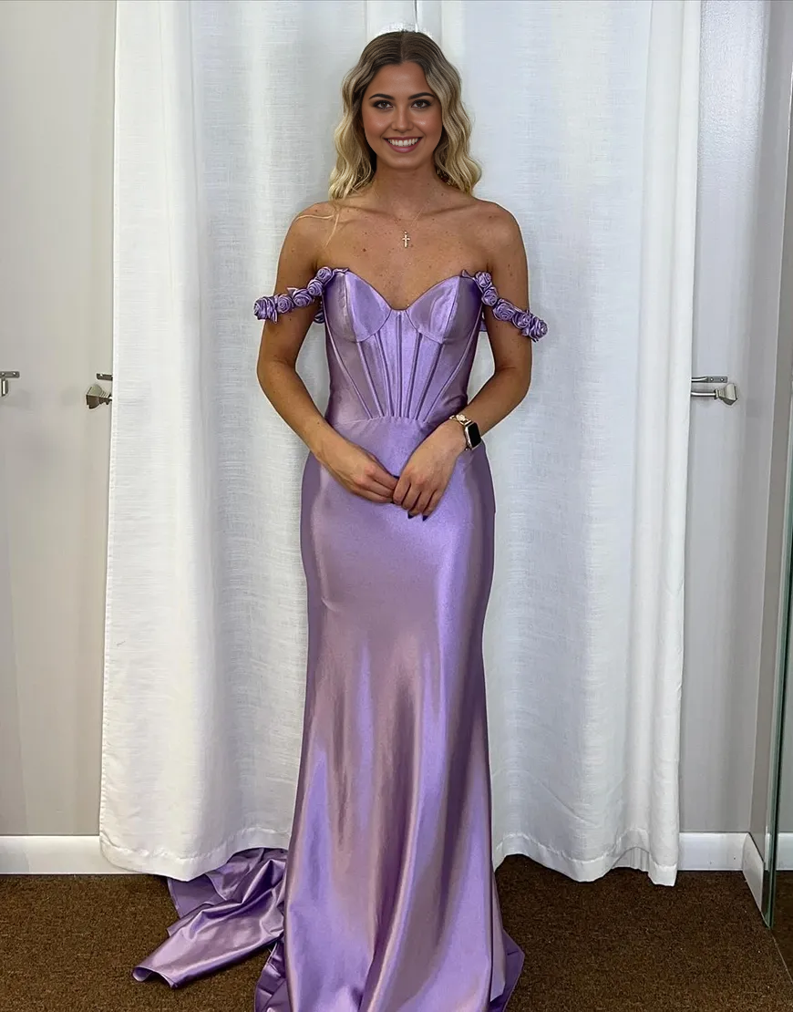 Mermaid Flowers Off the Shoulder Corset Lilac Long formal dresses Bridesmaid Dresses evening gown Prom Dress