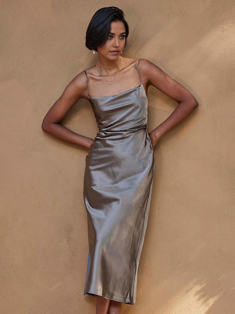 A-line Spaghetti Straps Square Neck Sleeveless Zipper Satin formal dresses Bridesmaid Dresses evening gown Prom Dress