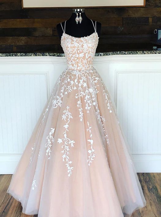 A Line Strapless Beaded Lace Prom Dresses Long Evening Gown